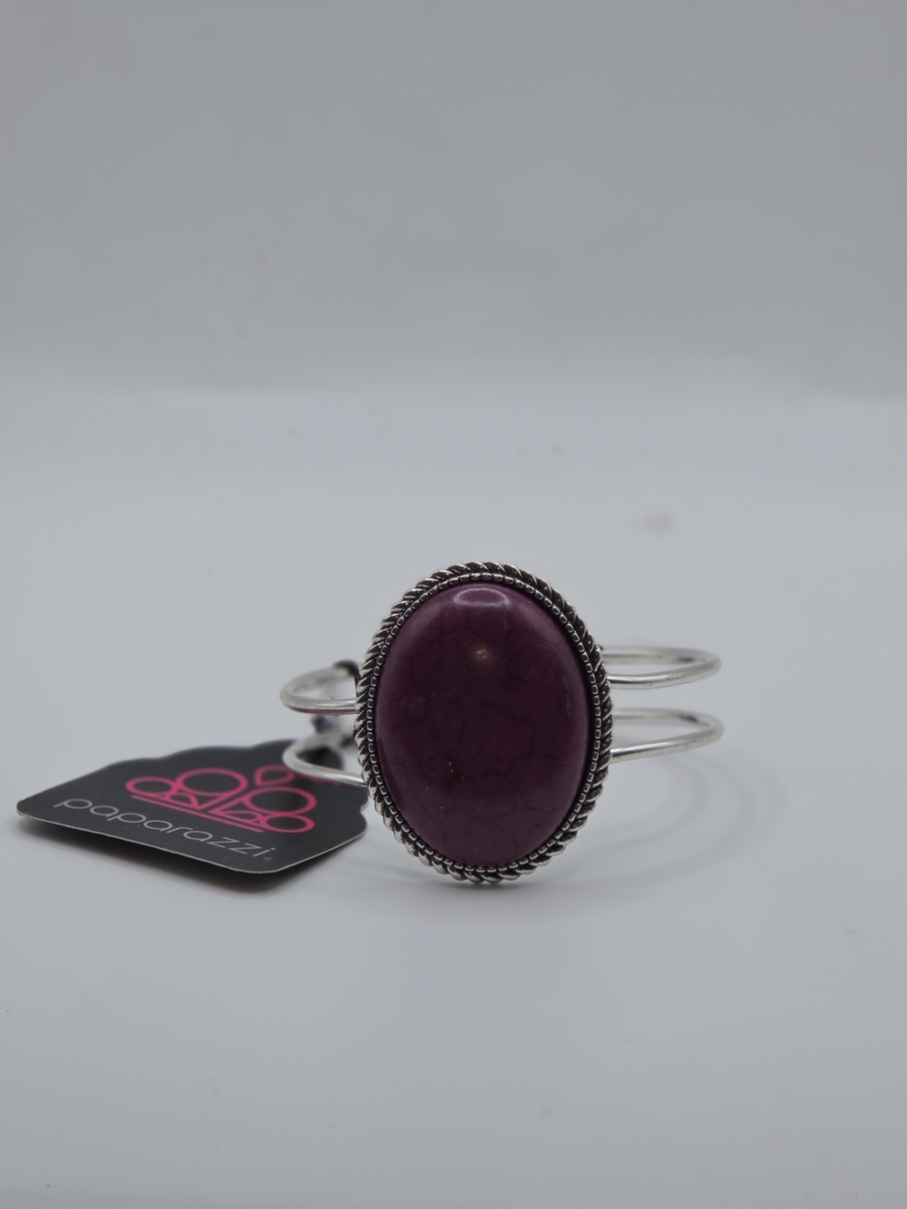 Paparazzi Silver Cuff Bracelet with Plum Oval Stone